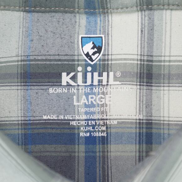 Kuhl Elixir Tapered Fit Short Sleeve Button Up Blue Green Plaid Shirt Mens L - Picture 3 of 16